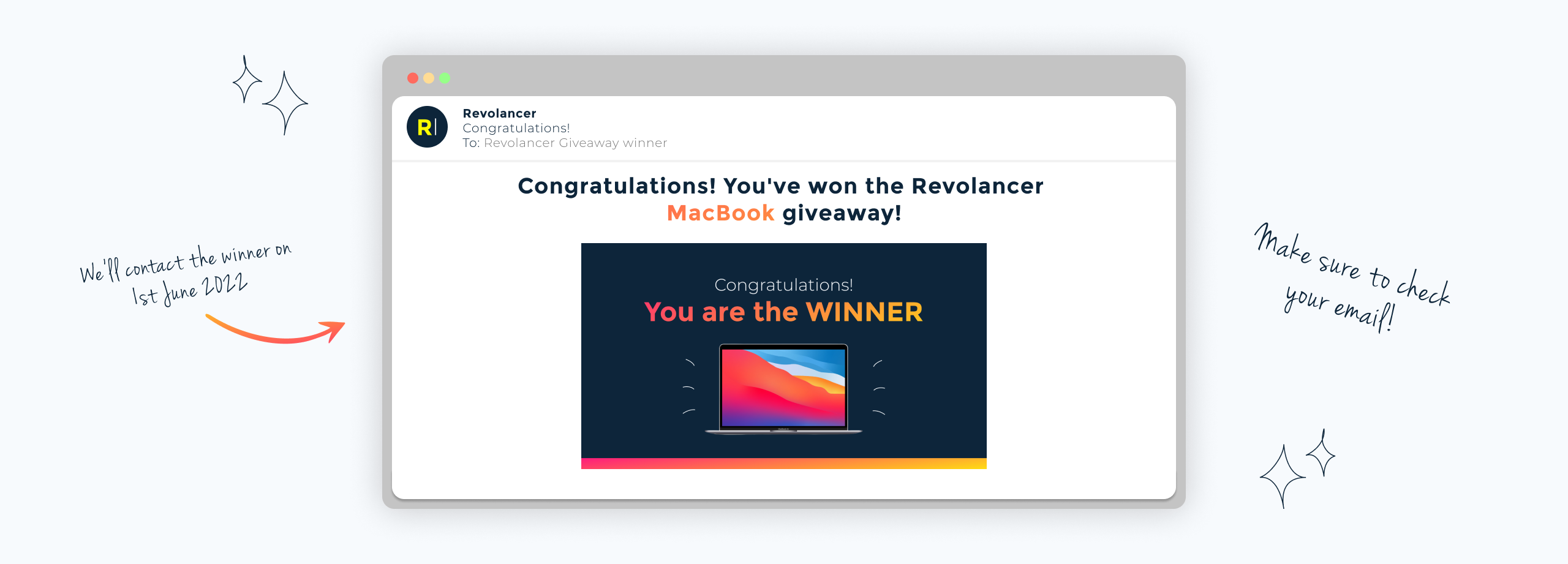 email mockup with text, competition winner notification